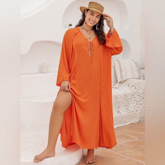 Plus Size Tie Neck Long Sleeve Slit Dress - Picture 1 of 11